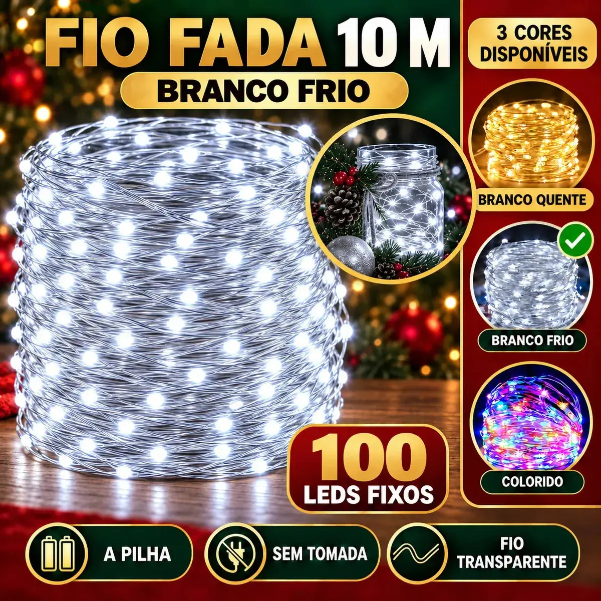Fio De Fada 100 Leds 10 Metros Ip44 Bateria Cordão Pisca Luzes Festa Decoração Árvore Natal Branco Frio Luvinco