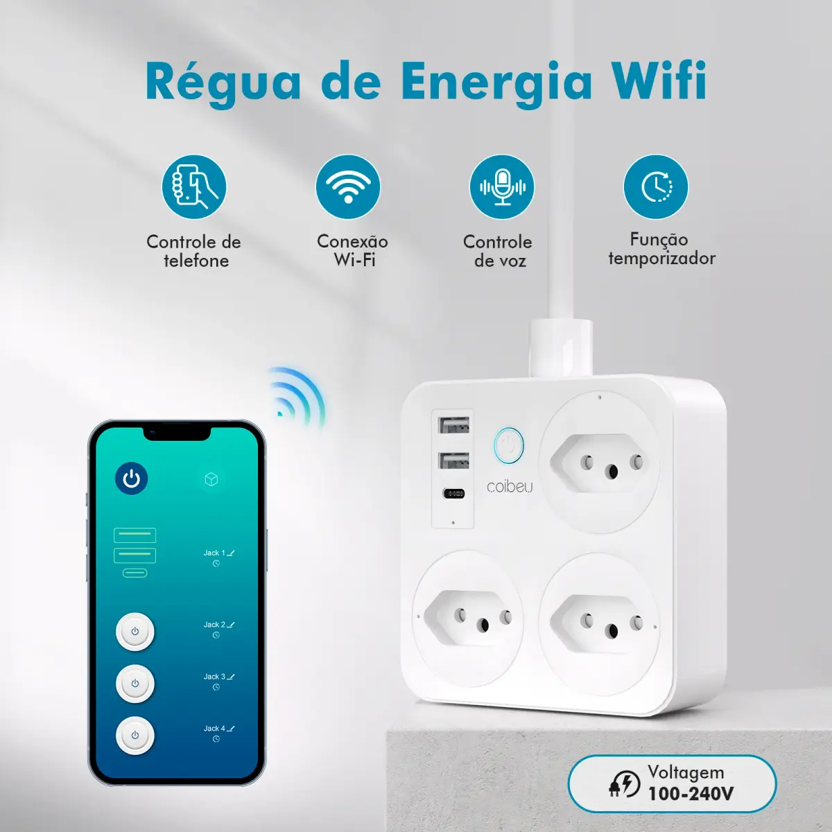 Tomada de energia inteligente, Tomada inteligente WiFi, Plugue europeu, Tomada de corrente alternada, Controle por APP