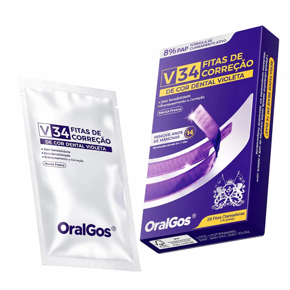 OralGos Fitas Clareadoras V34, 28 Fitas (14 Pares) | PAP 8%, Correção Óptica Violeta, 14 Dias, Menta Fresca