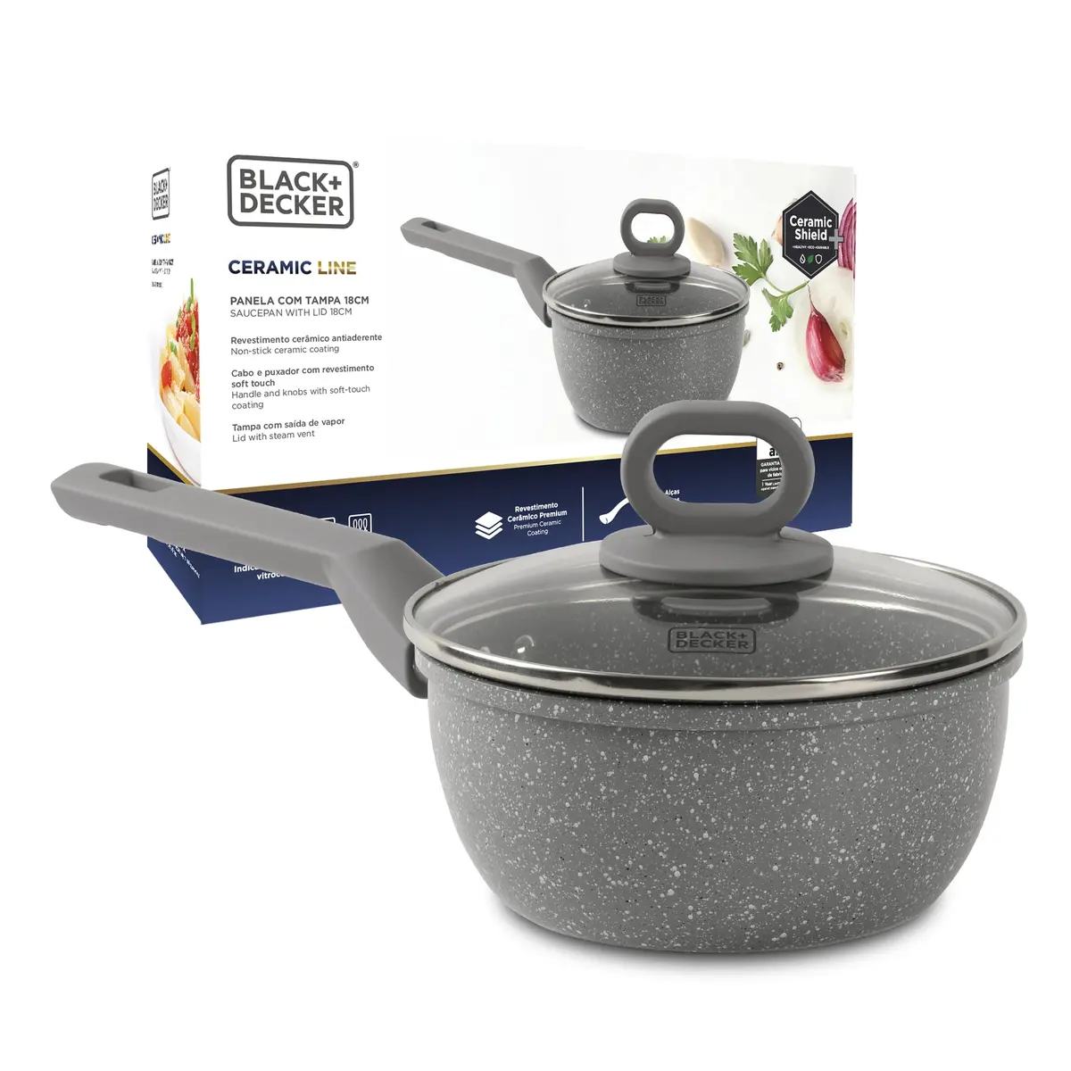 BLACK+DECKER PANELA COM TAMPA 16 CM 1,4 LITROS CERAMIC LINE - CORPO COM REVESTIMENTO CERÂMICO COM EXTERIOR NA COR CINZA E BASE COMPATÍVEL COM INDUÇÃO - GREY MARBLE