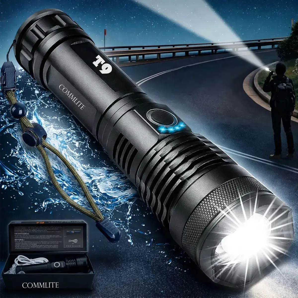 Lanterna Tática T9 Mais Forte Do Mundo Led Recarregável - Potente Profissional Militar Zoom Acampamento Pesca Caça Sobrevivência Emergência Policial Segurança Prova D'água Alumínio Bateria Bivolt