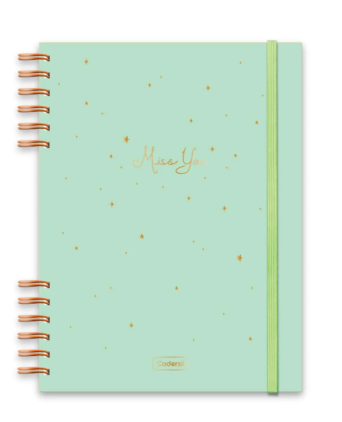 Caderno Colegial Criativo Cadersil 1/8 Com Elástico e Wire-o Estampa Miss You Verde – 80 Folhas – Capa Dura com Hot Stamping Dourado – Miolo Pautado - Ideal para Anotações Criativas e do Dia a Dia