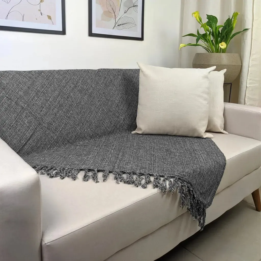 Manta Decorativa para Sofá Gigante em Algodão com Borlas 2,40x1,80 m Mescla Cinza