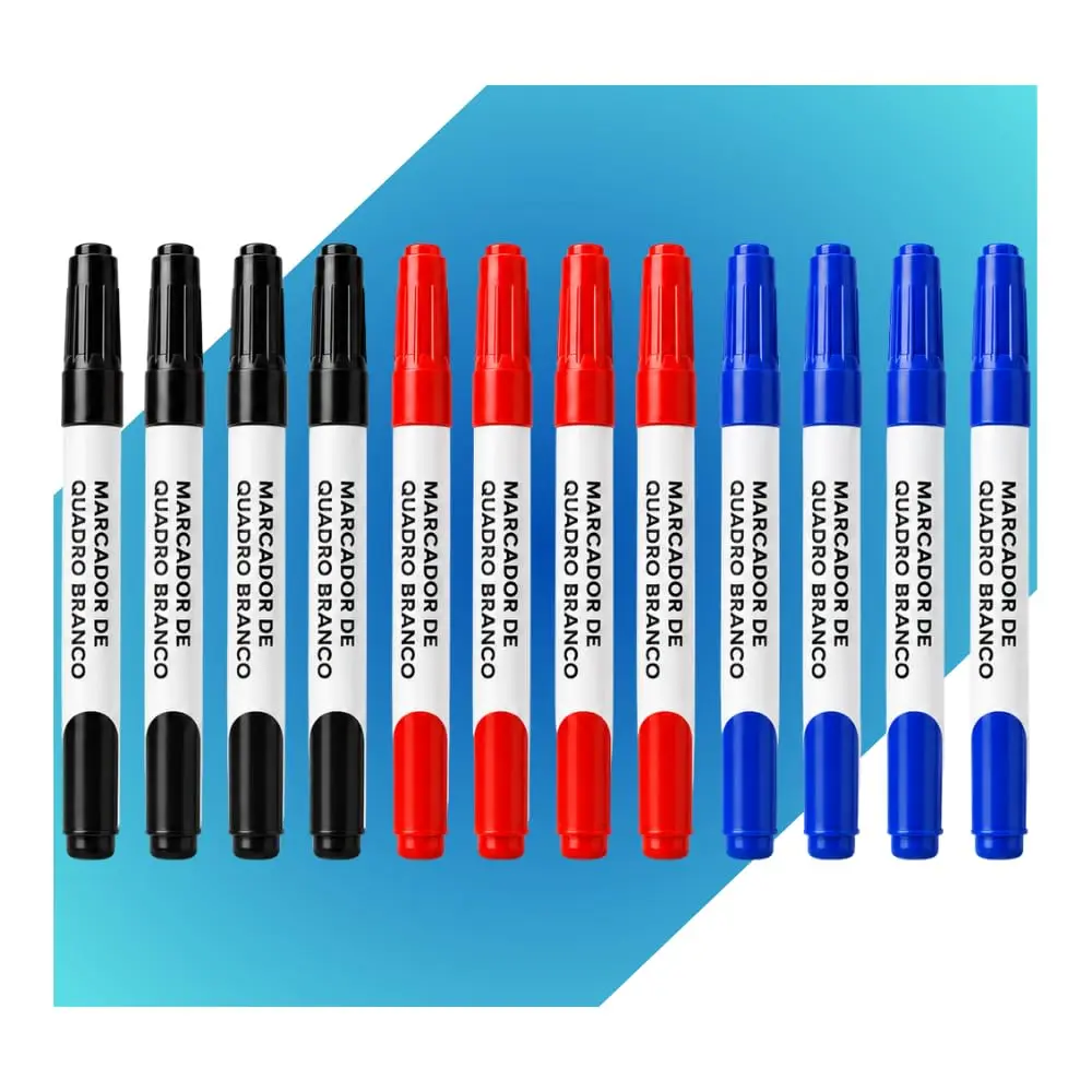 Kit 12 Marcadores para Quadro Branco Ponta Redonda 3 Cores | Preto, Vermelho e Azul, Ponta Redonda, 12 Unidades, 3 Cores Incluídas, Uso em Quadro Branco