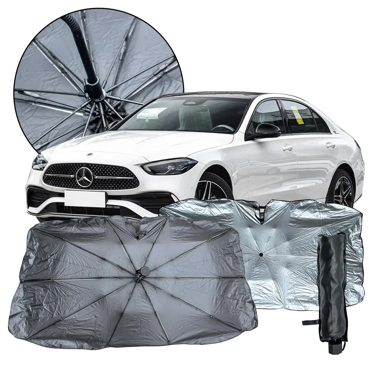Lusyqu protetor solar carro,protetor parabrisa carro sol 135cmx75cm,quebra sol para carros Guarda,Retrátil,Guarda- Com alça dobrável Preto
