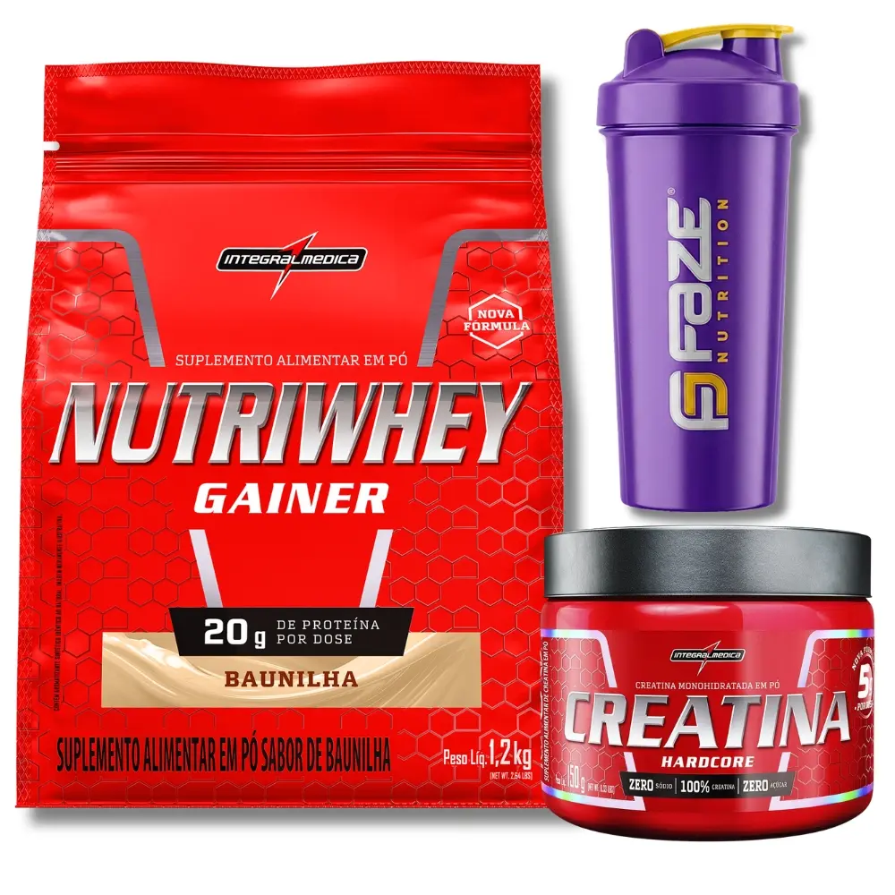 Kit Nutri Whey Gainer Refil 1,2kg + Creatina Hardcore150g Integralmedica + Coqueteleira Faze Nutrition