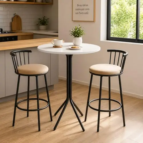 Mesa Bistrô Alta Redonda MDF e Aço para Cozinha(BRANCO) | 