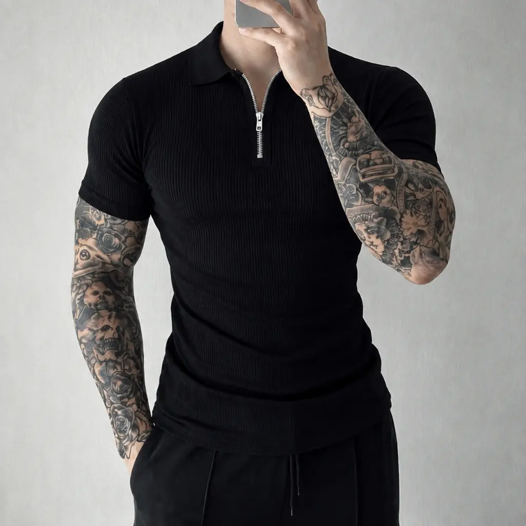 Camisa Polo Italiana Masculina Canelada Premium Slim Manga Curta com Zíper Casual Elegante