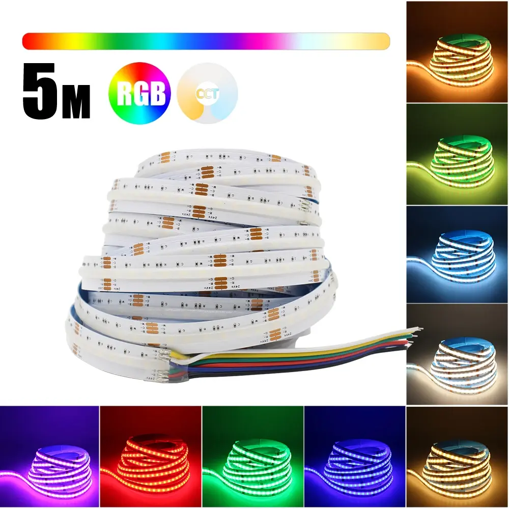 5m rgbcct cob led luz de tira dc 24v 840leds/m rgb cct dotless flexível fcob led fita lâmpada para decoração do quarto iluminação