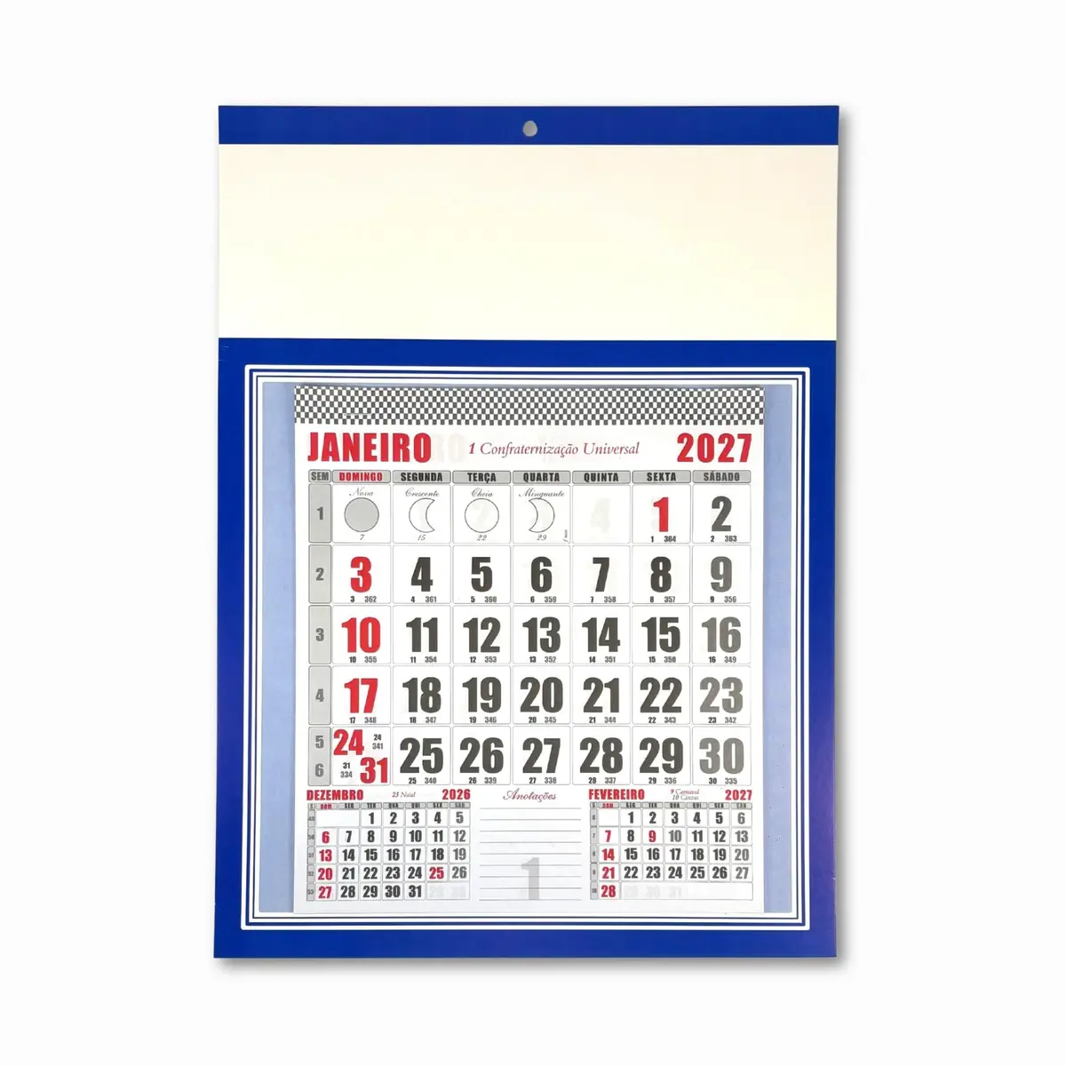 Calendário de Parede 2027 Folhinha Comercial com Furo - Azul