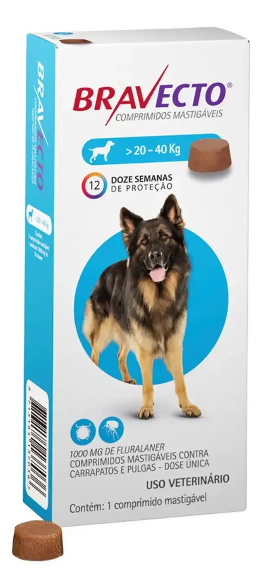 Bravecto Cães 20-40kg 1000mg 1 Comp. Mastigável Msd Azul - 1