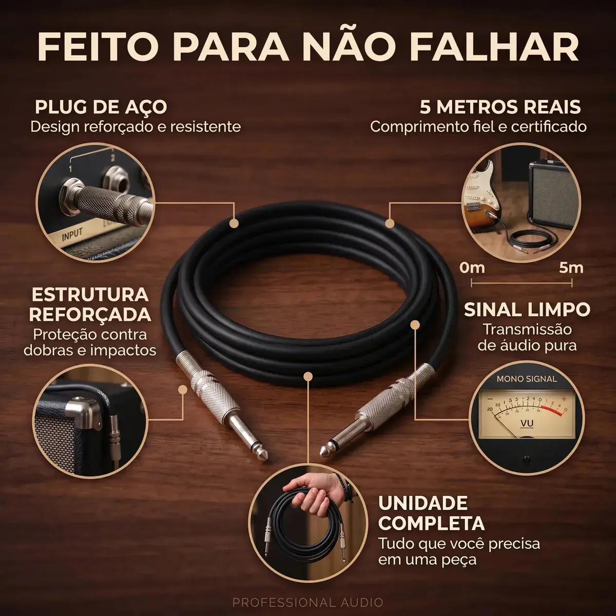 Cabo de Áudio Mono P10 para P10 5 Metros Profissional Conectores Metálicos Reforçados Alta Resistência Transmissão Estável Som de Qualidade para Instrumentos Amplificadores e Mesas Brasiliana Tech thumbnail 3