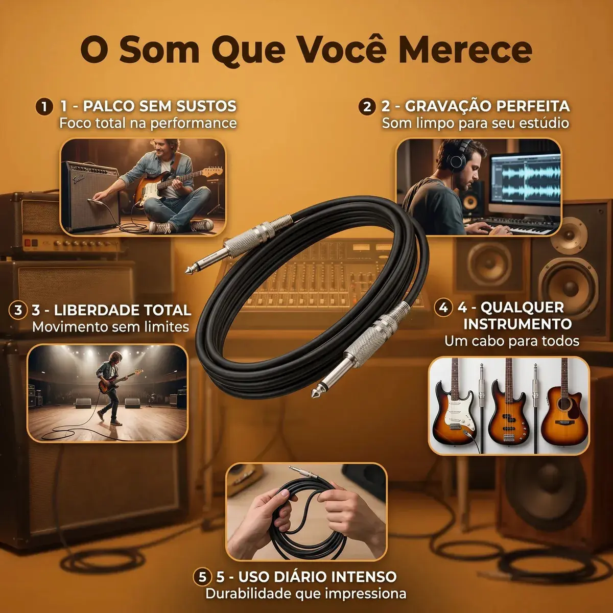 Cabo de Áudio Mono P10 para P10 5 Metros Profissional Conectores Metálicos Reforçados Alta Resistência Transmissão Estável Som de Qualidade para Instrumentos Amplificadores e Mesas Brasiliana Tech thumbnail 4