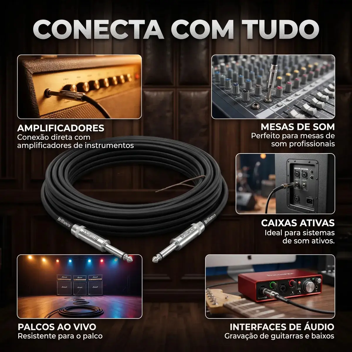 Cabo de Áudio Mono P10 para P10 5 Metros Profissional Conectores Metálicos Reforçados Alta Resistência Transmissão Estável Som de Qualidade para Instrumentos Amplificadores e Mesas Brasiliana Tech thumbnail 5