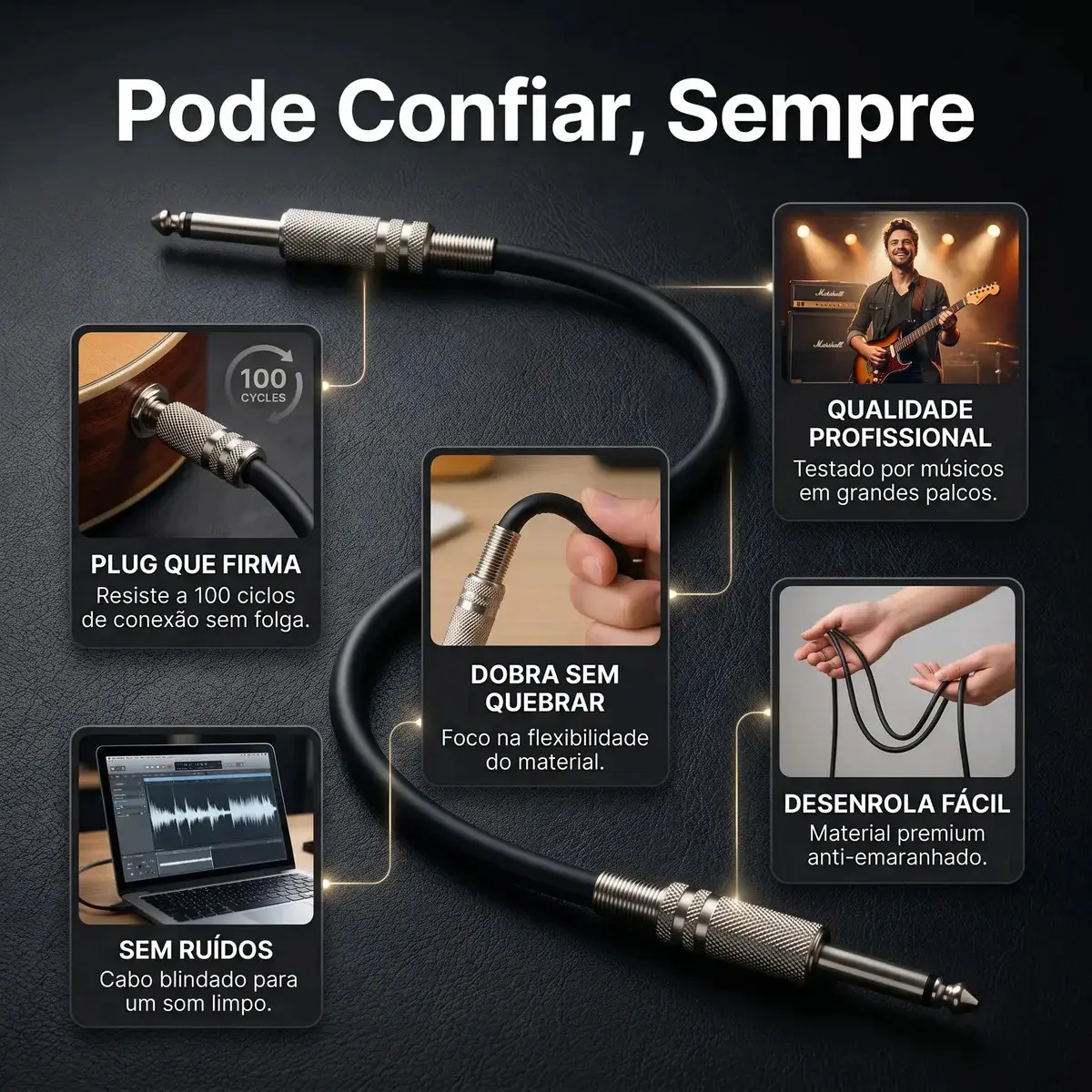 Cabo de Áudio Mono P10 para P10 5 Metros Profissional Conectores Metálicos Reforçados Alta Resistência Transmissão Estável Som de Qualidade para Instrumentos Amplificadores e Mesas Brasiliana Tech thumbnail 6