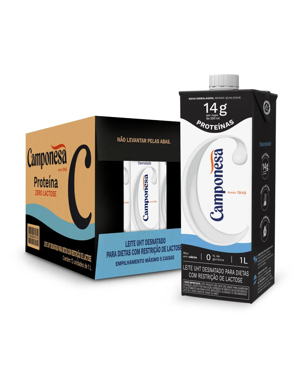 Camponesa Leite UHT Zero Lactose Com 14g de Proteína Desnatado 1L - 12 Unidades