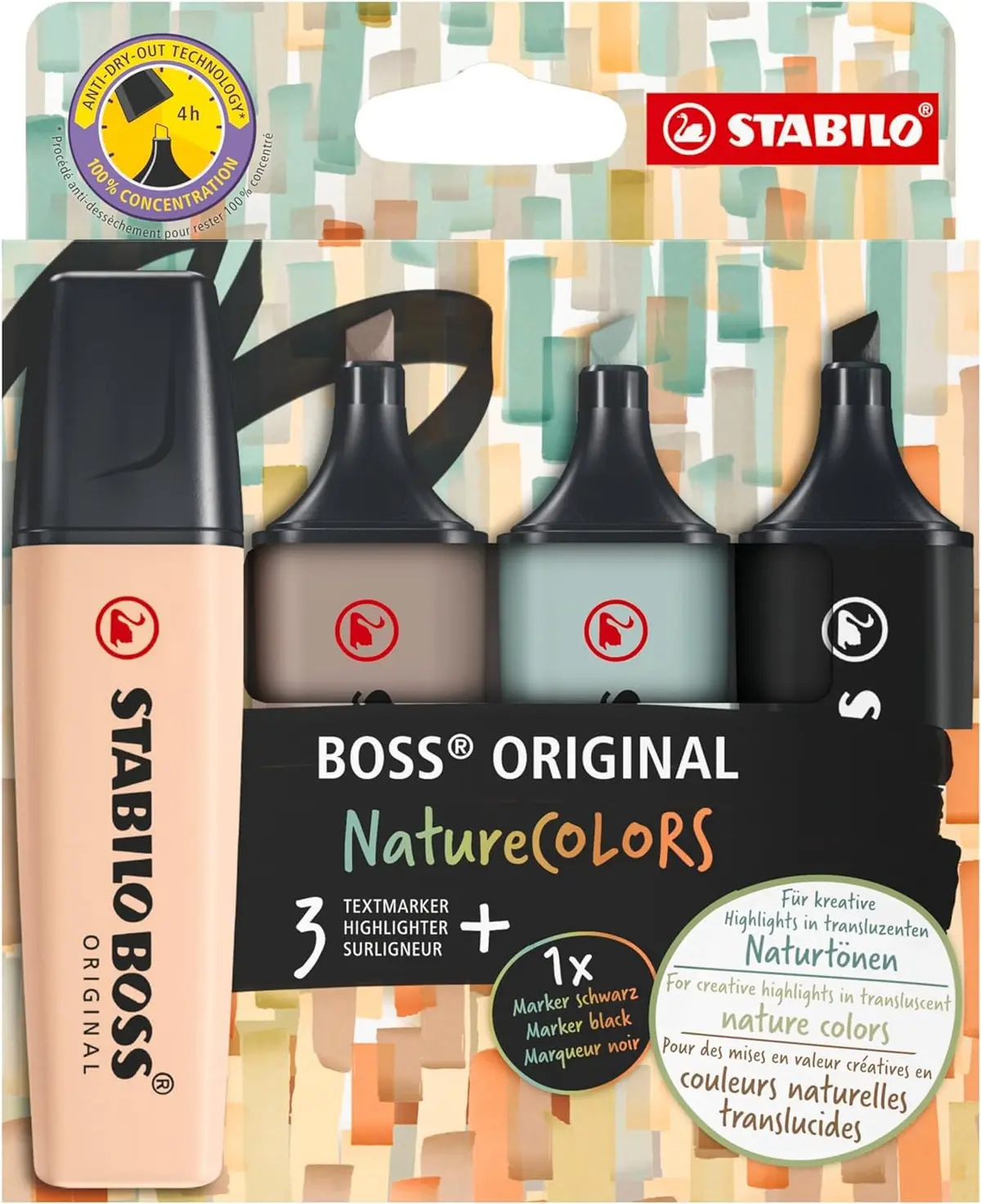 STABILO BOSS ORIGINAL NatureCOLORS Marca Texto – Estojo com 4 unidades – Beige, Warm Grey, Earth Green, Preto
