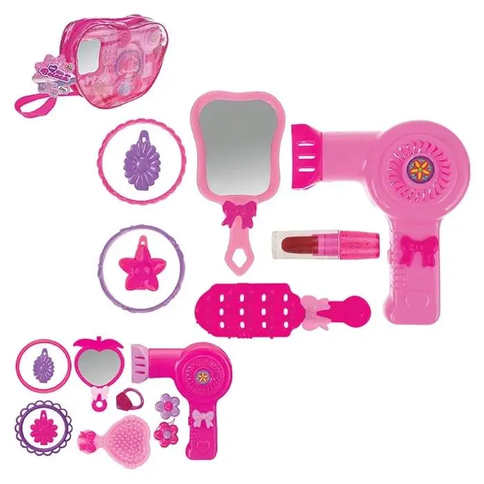 Kit de Beleza Infantil com Bolsinha, Secador de Brinquedo, Espelho e Acessórios, Rosa