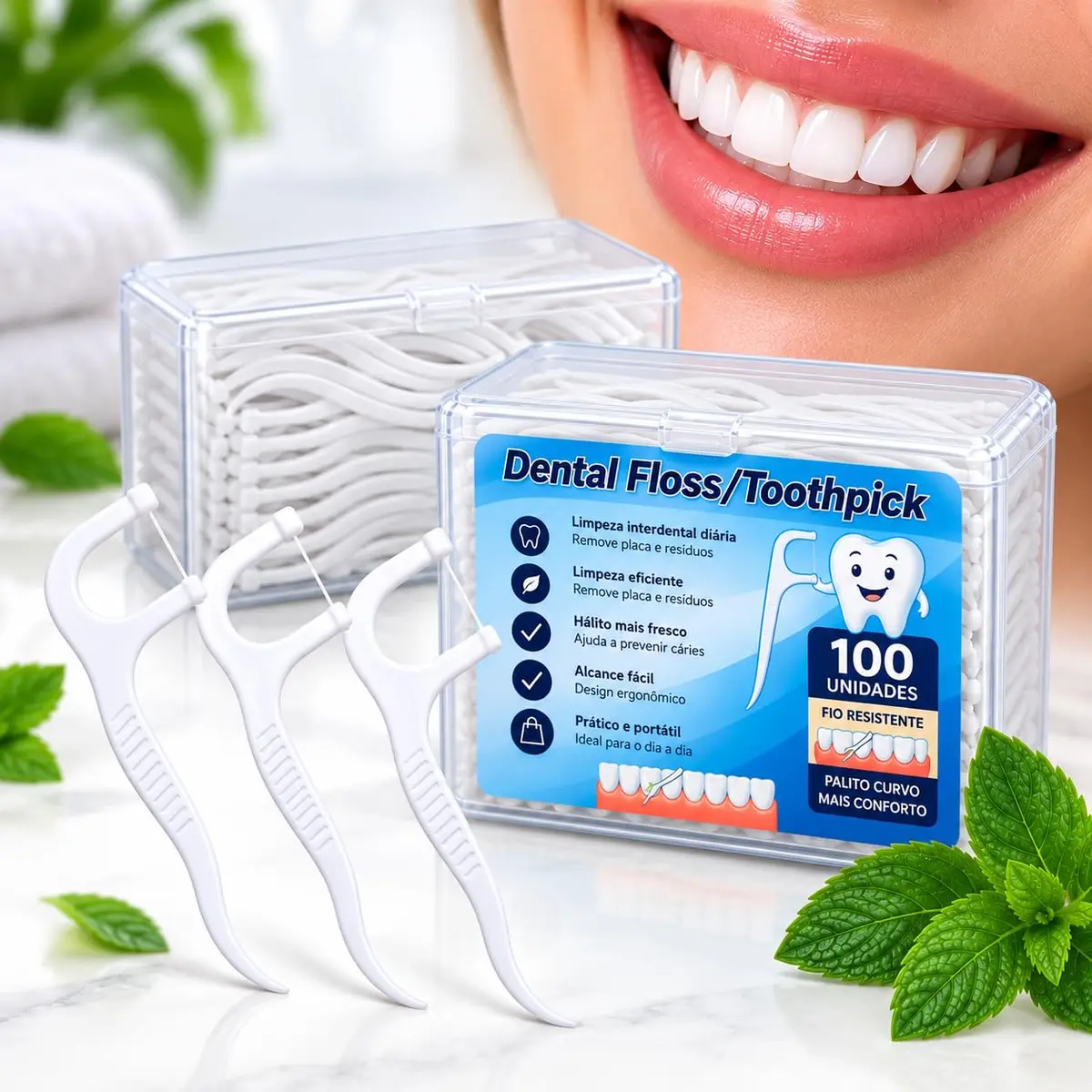 Fio Dental com Haste 2 em 1 Descartável – 100 Unidades, Limpeza Profunda Entre os Dentes, Design Antideslizante, Uso Prático e Higiênico para Adultos e Crianças