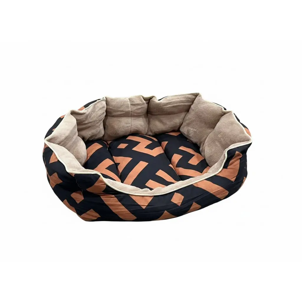 Cama Pet Almofadada Premium para Cães e Gatos, Pelúcia Sherpa Bege, Estampa Geométrica Cobre e Preto, 40cm x 42cm x 15cm, Porte Pequeno