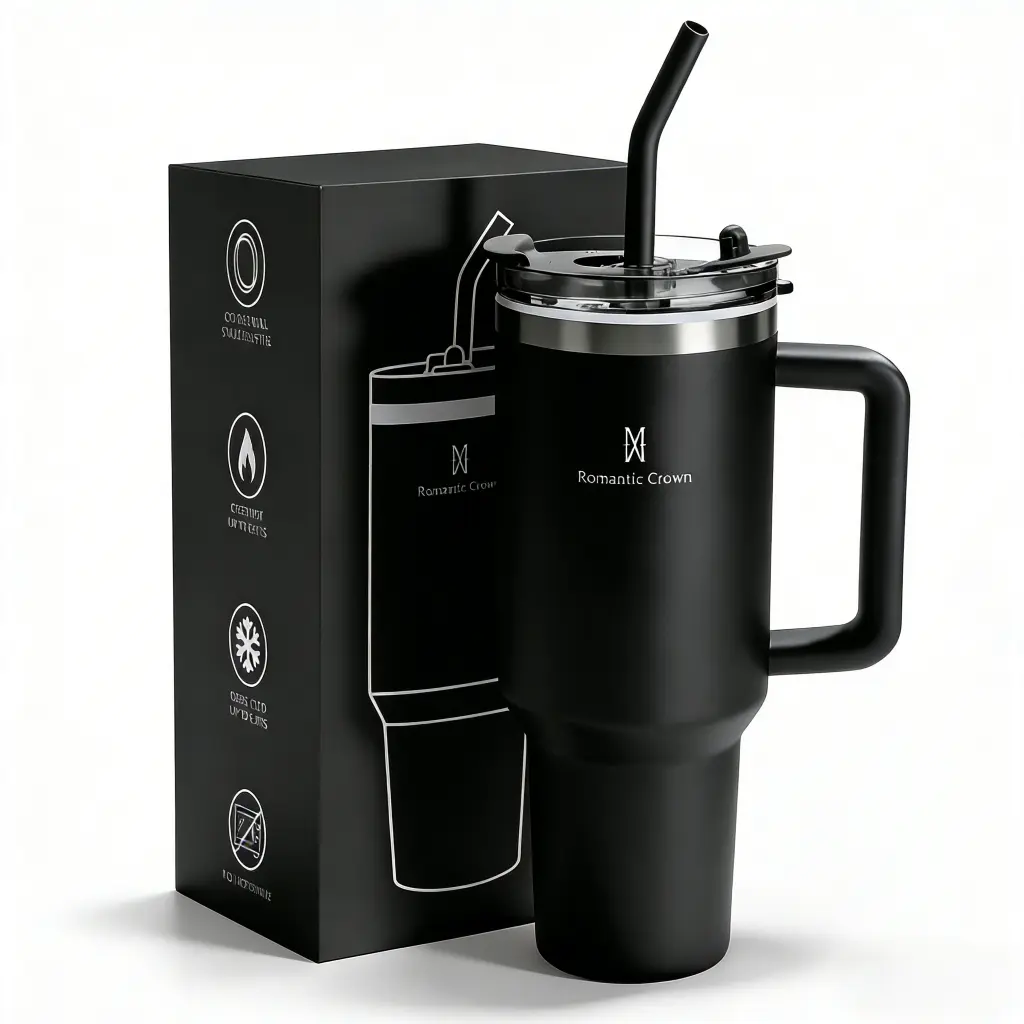 ROMANTIC CROWN Copo Térmico Inox Portátil 1200ml/600ml com Tampa e Canudo Garrafa Térmica Inoxidável