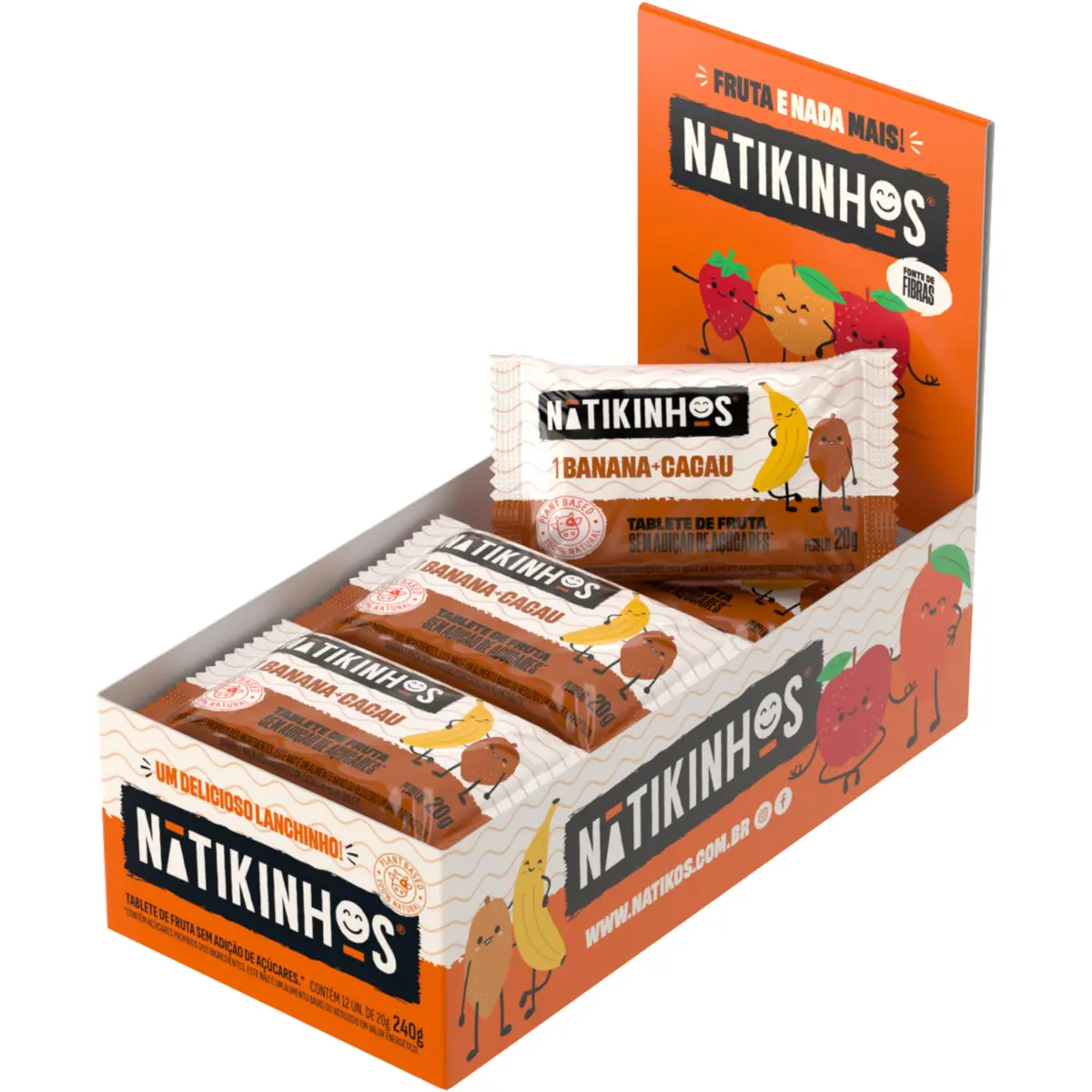 Tablete de Fruta sem Açúcar, Nátikos, Banana e Cacau, 12 x 20g | Display pronto para o ponto de venda, com 12 unidades de base real de fruta e sem corantes artificiais