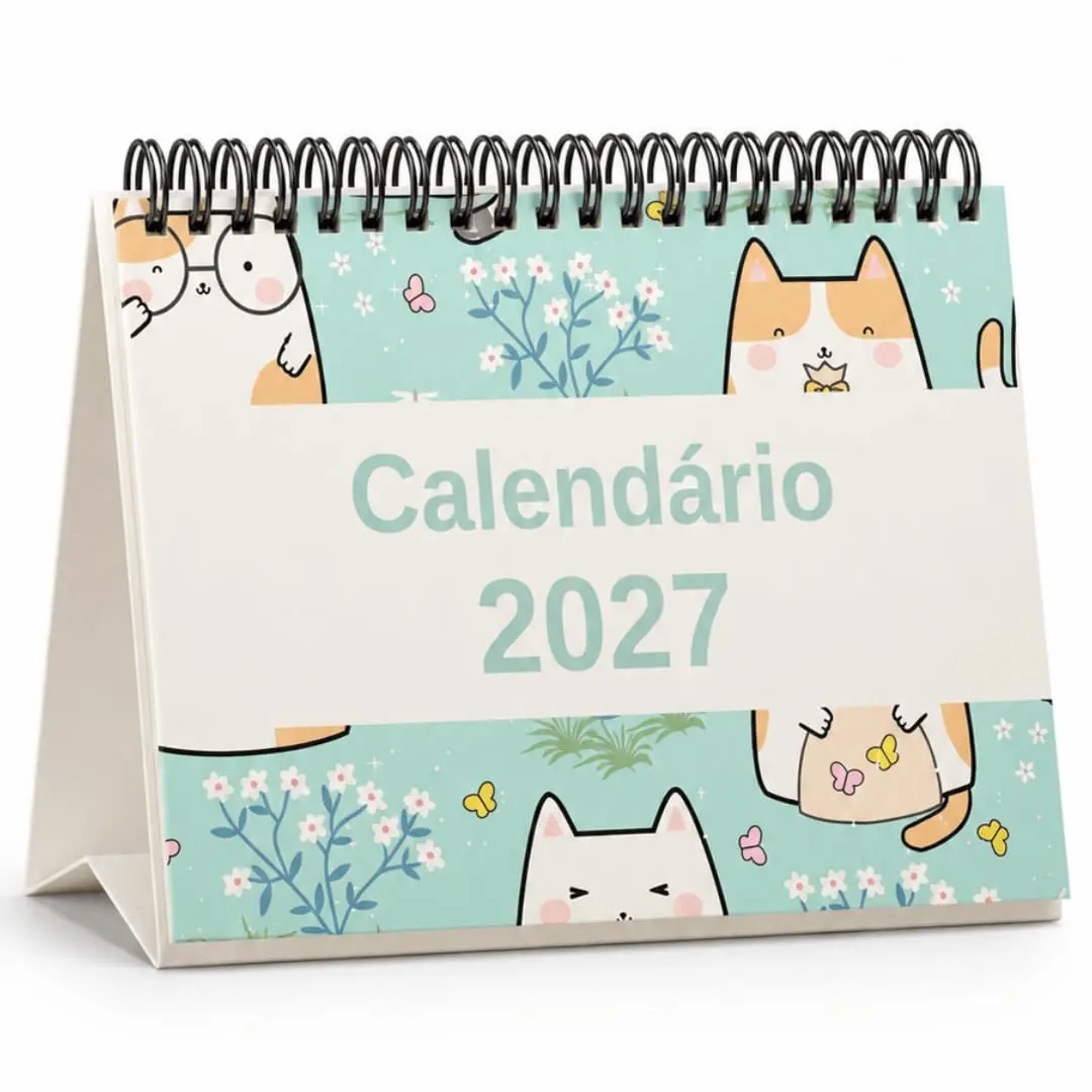 Calendário de Mesa 2027 Gatinhos Fofos A5 Planner Decorativo Achala | Formato A5 Grande Horizontal, wire-o duplo e 12 ilustrações exclusivas em papel premium.