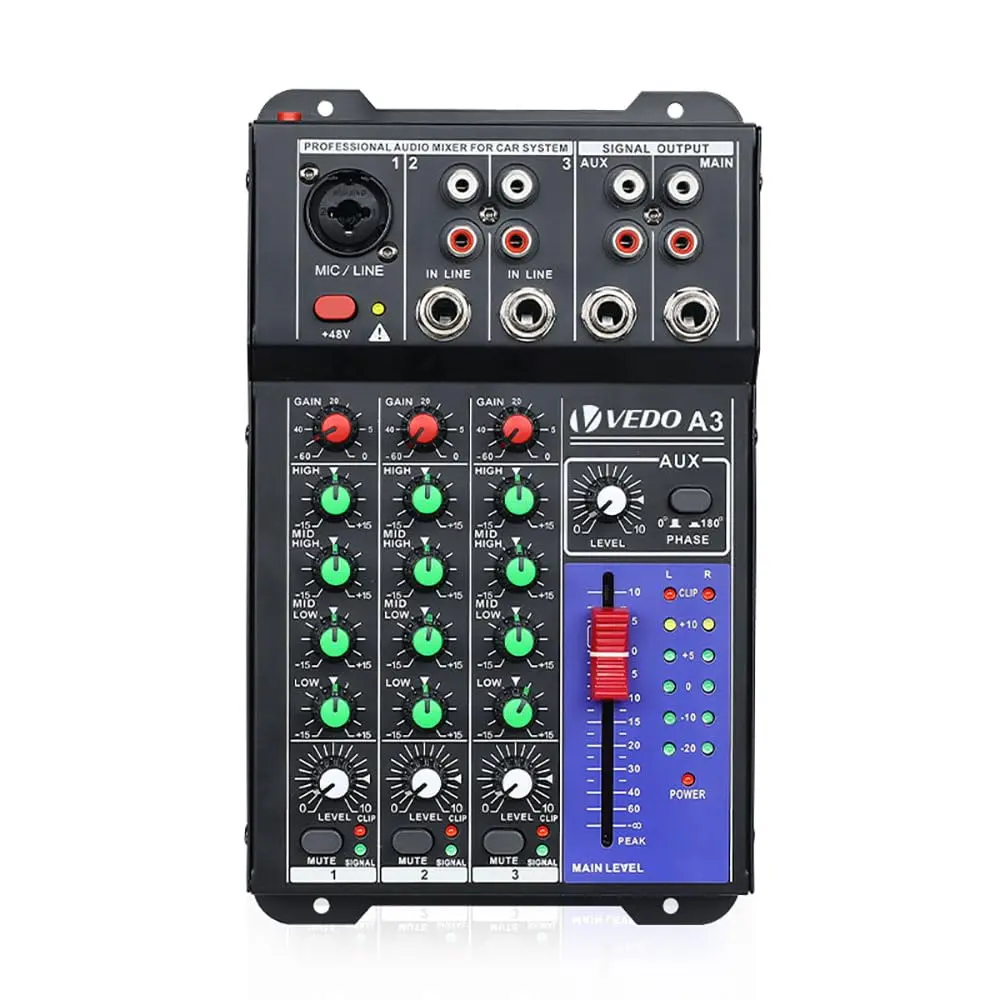 A3 Console de mixagem de som 3 canais,48v de alimentação phantom sistema estéreo Adequado para uso em carros, microfones, instrumentos musicais ou equipamentos de áudio (CD players), computadores