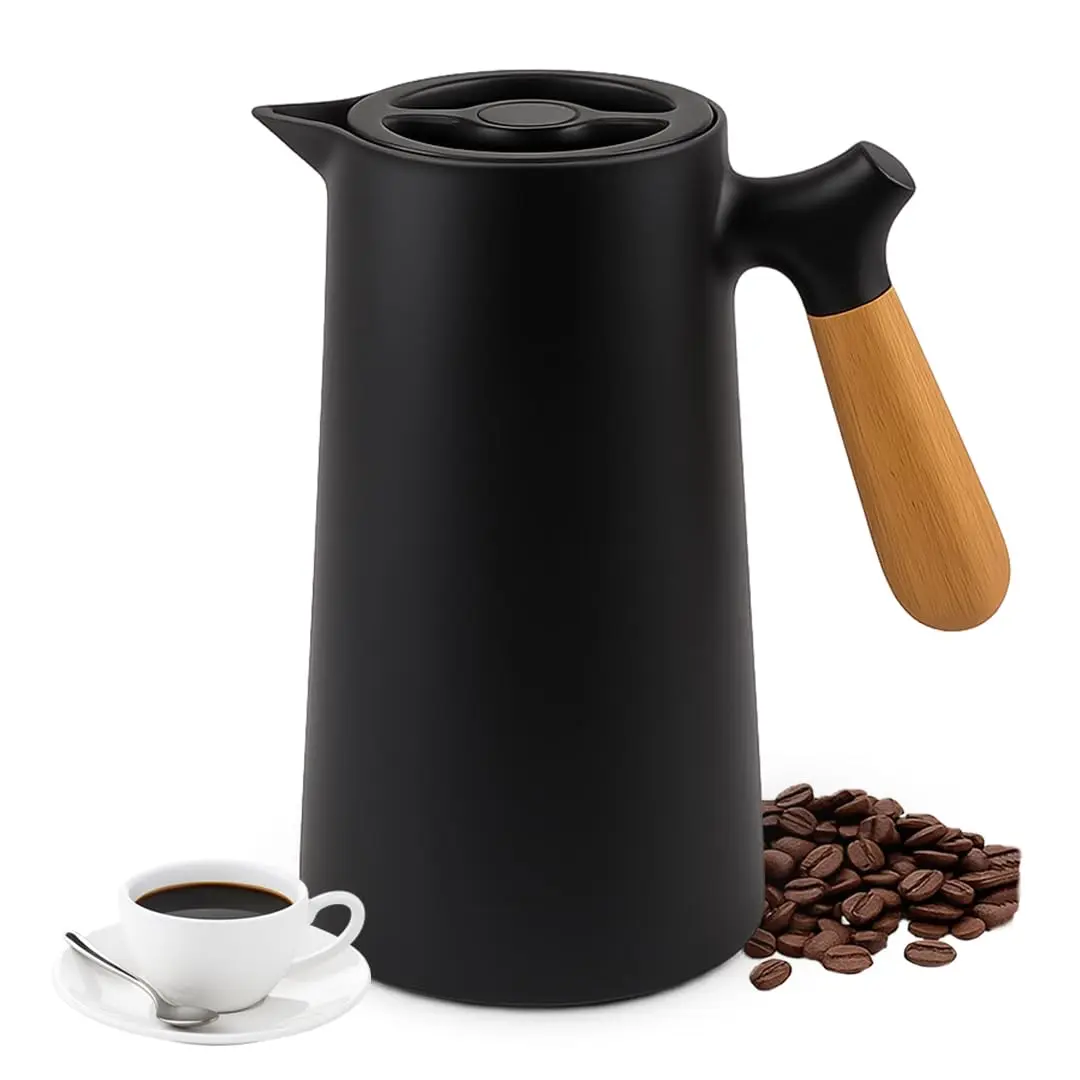 Garrafa Térmica Café 1 Litro Preta YAB Cabo de Madeira C/Botão Nórdica - 1