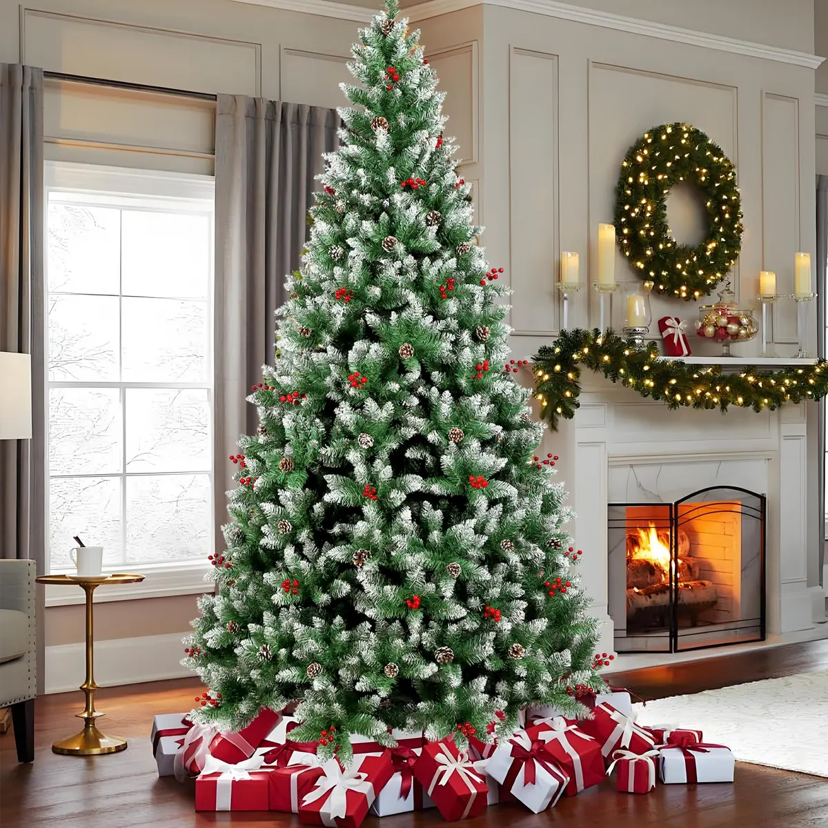 Arvore de Natal, 1.8M Arvore de Nata 850 Galhos, Decoração de Natal, Árvore de Natal com Pinhas, Cerejas e neve, com Base de Metal, (1.8M)