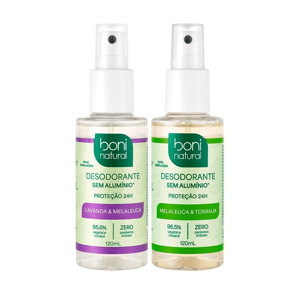 Boni Natural - Kit Desodorante Spray Melaleuca e Lavanda 120 ml + Spray Melaleuca & Toranja 120 ml, Vegano, Proteção 24 Horas, Sem Álcool Etílico e Sem Cloridrato de Alumínio - 1