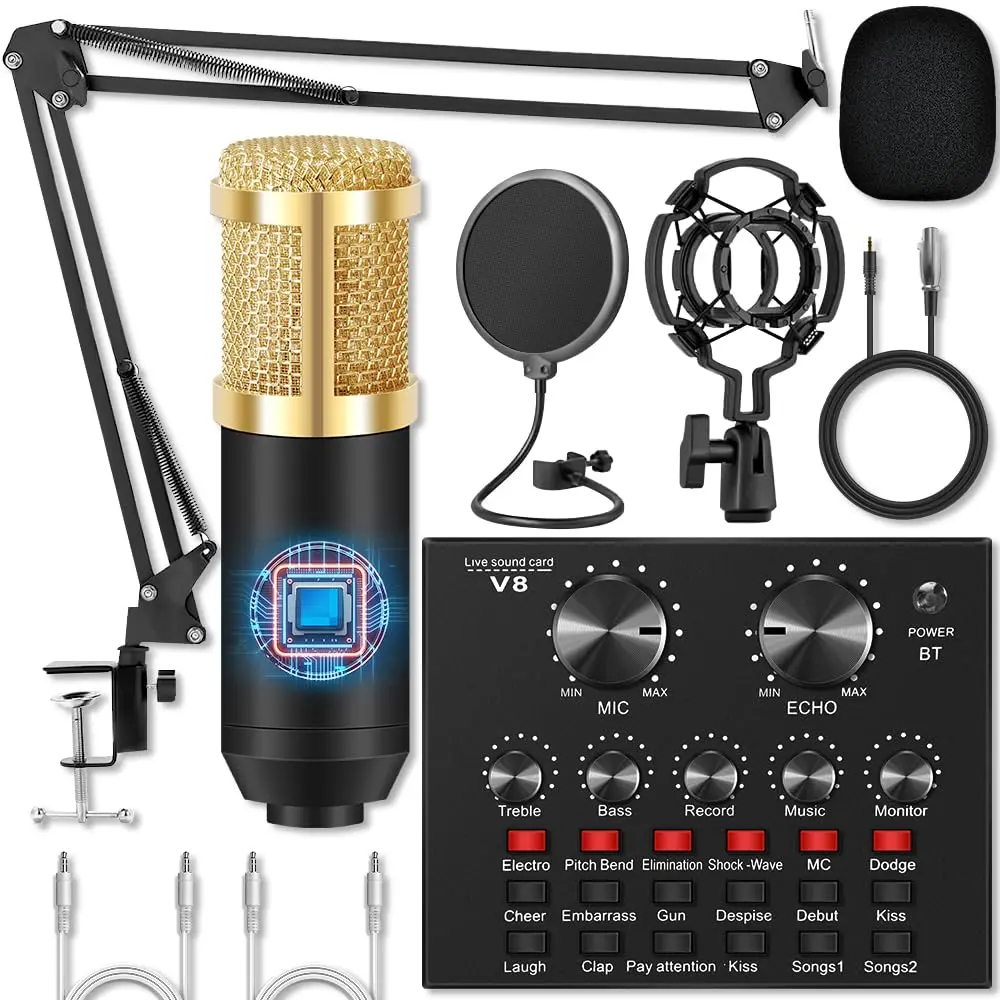 Kit Microfone Estúdio, Kit Completo Interface Mesa V8S, Microfone Estúdio Profissional Condensador, BM800 Microfone Com Braço Articulado Locução Live Stream - 1