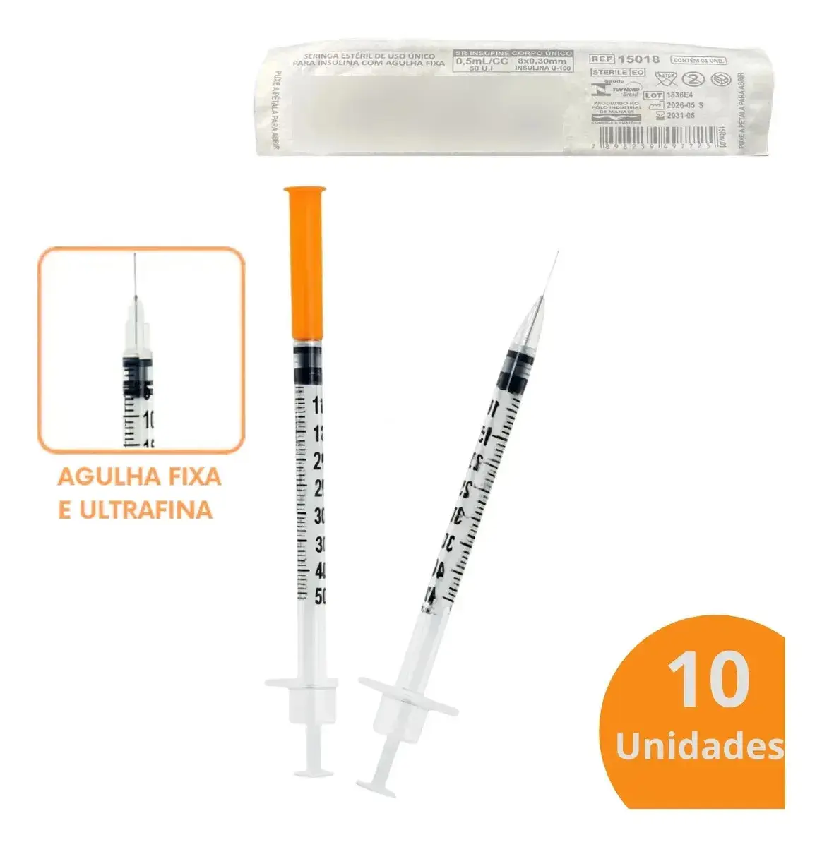 Kit 10 Seringa Insulina 50ui 0,5ml Agulha 8mm Sr Blister