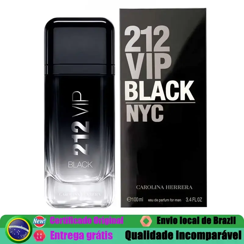 Perfume Original Carolina Herrera 212 VIP Black Men EDP Pheromone 100ml, Spray Aromático Fougere Duradouro, 3.4 Onças, Colônia Premium