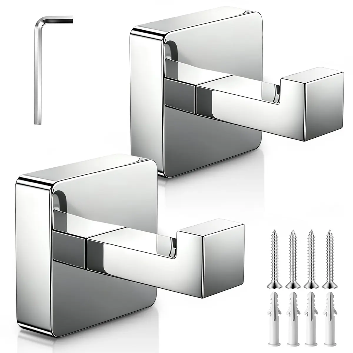 Trailabo Kit 2 Ganchos para Banheiro, Aço Inox 304, Quadrado, Prateado | Suporta até 15Kg, Gancho Reforçado para Cozinha, Quarto, Banheiro, Prateado