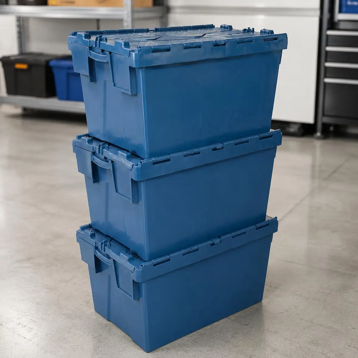 Caixa Industrial Organizadora de Polipropileno, Azul, 65 Litros, Tampa Basculante Bipartida, Empilhável e Lacrável, 59,5 x 40 x 36,5 cm, Kit com 3