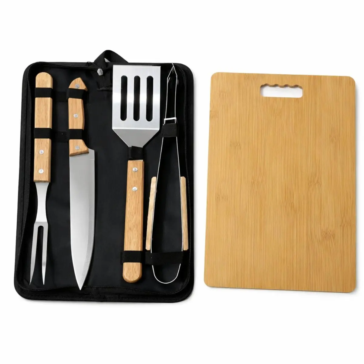 Kit Churrasco Churrasqueiro 33x23cm 6 Peças Garfo Faca Espátula Pegador Tábua Maleta Utensílios em Aço Inox Cabo de Madeira Maleta com Ziper em Nylon Premium