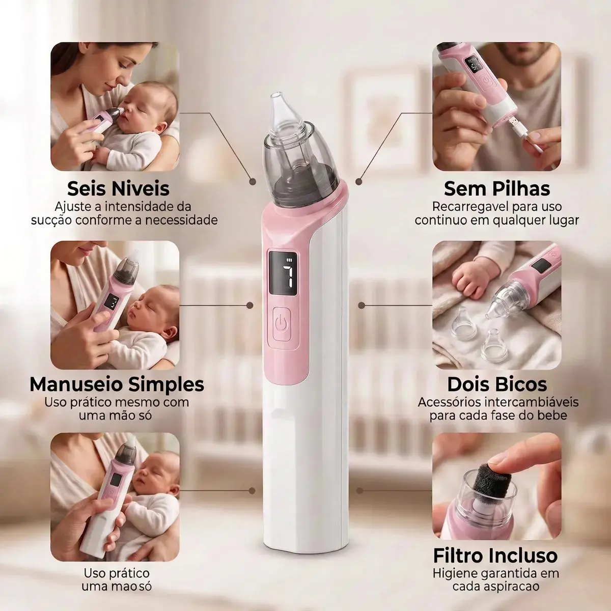 Aspirador Nasal Elétrico Infantil Recarregável Sugador Nasal Bebê 6 Níveis de Sucção 2 Bicos Cabo USB Livre de BPA Inclui Filtro Rosa para Higiene e Limpeza do Nariz de Bebês e Crianças 0 a 24 Meses thumbnail 3