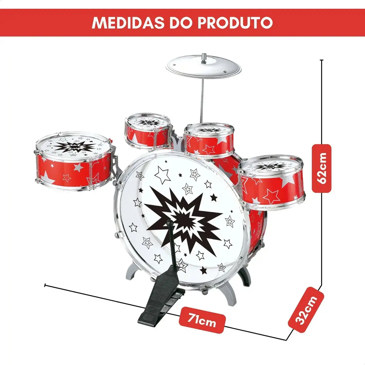 Atentu Mini bateria infantil atentu banquinho brinquedo com 5 tambores vermelho thumbnail 2
