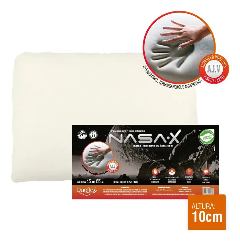 Travesseiro Nasa X Duoflex Altura 10cm Para Fronha 45x65cm Antiácaro Capa Malha 100% algodão
