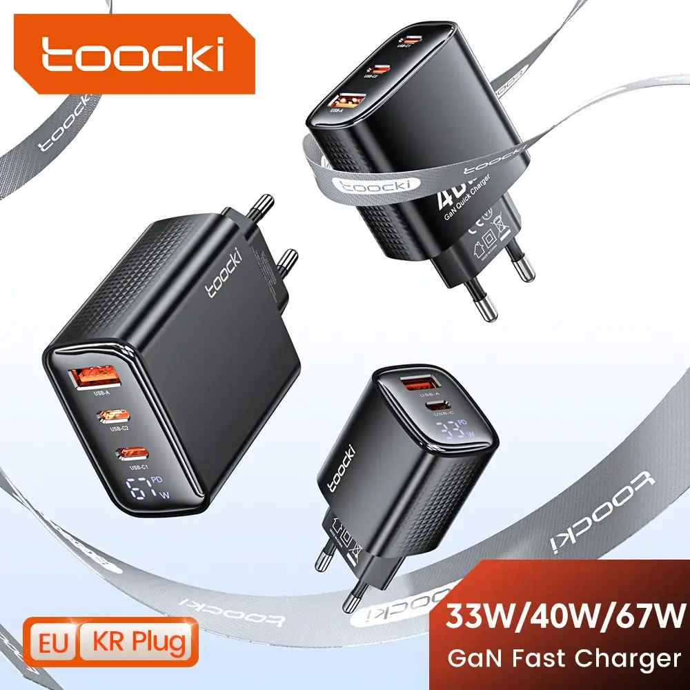 Carregador USB C Toocki GaN 33W/67W com Display Digital, Carregamento Rápido PD QC 40W, Carregador de Celular Tipo C para iPhone 17 16 15 Samsung Xiaomi