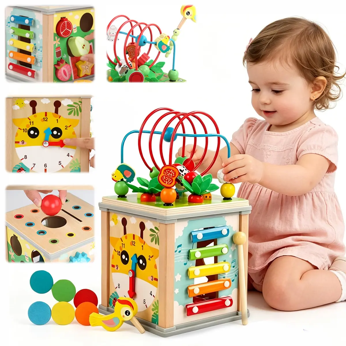 Brinquedo Montessori de Madeira Sensorial Infantil | Inclui piano, labirinto, relógio, formas e engrenagens para estimular coordenação motora e aprendizagem infantil.