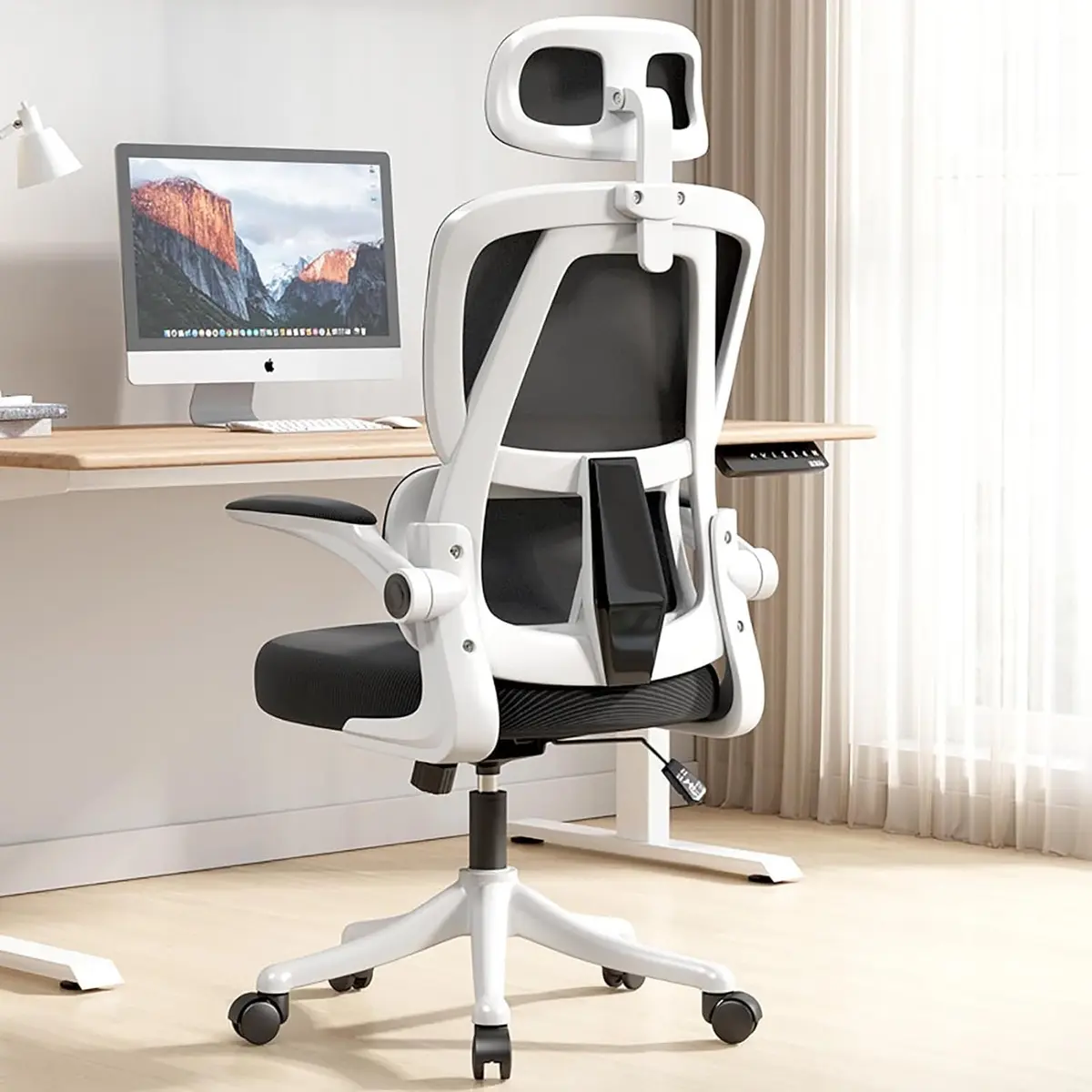 EKROTOK Cadeira de Escritório com Almofada de Assento de Látex, Cadeiras Ergonômicas para Computador com Apoio de Braços Retráteis e Apoio Lombar com Encosto Alto Trabalho, Apoio de Cabeça Ajustável