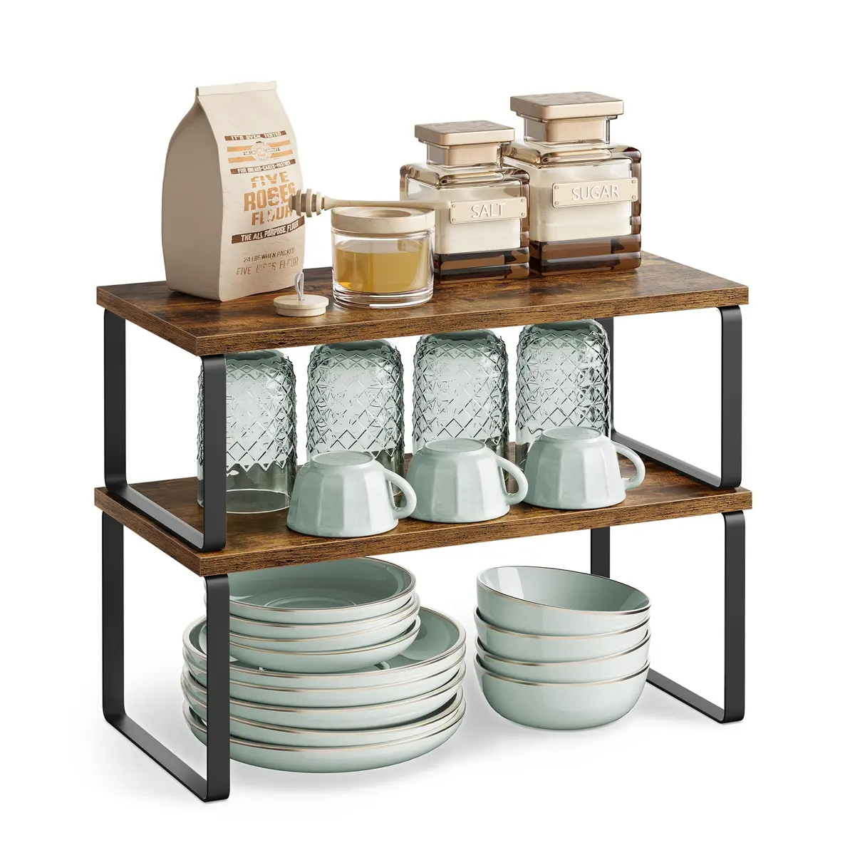 SONGMICS Kit com 2 Porta Temperos para Armário de Cozinha, Marrom e Preto | Prateleira de Cozinha Expansível, Porta-Temperos Empilhável, Marrom Rústico e Preto Fosco, Coleção BYSTRO BRKCS200X01