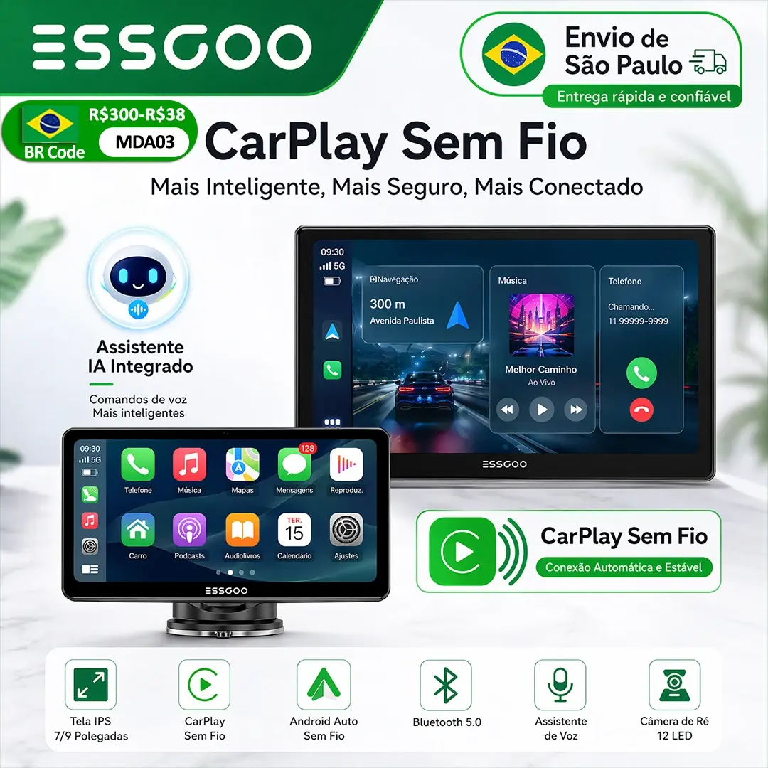 ESSGOO Tela Portátil 7/9' Sem Fio CarPlay Câmera de Ré HD Rádio DVR MP5 Leitor Multimídia para Carro com Android Auto