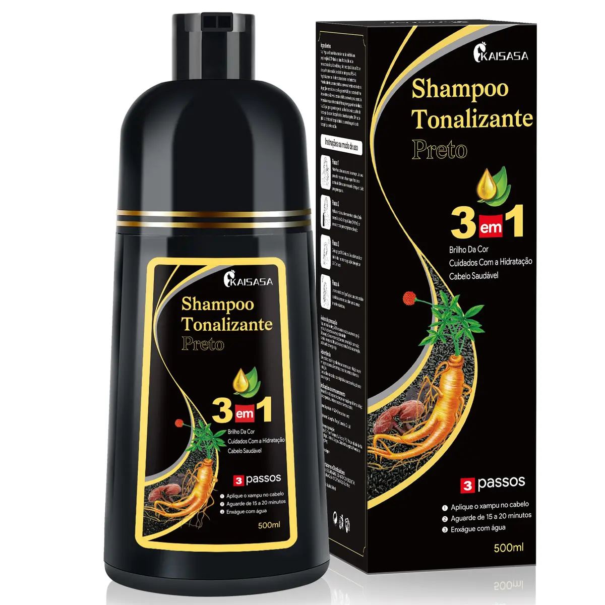Shampoo Tonalizante Preto 3 em 1, 500ml | Coloração Capilar, Limpeza, Hidratação e Brilho, Fácil Aplicação em Casa