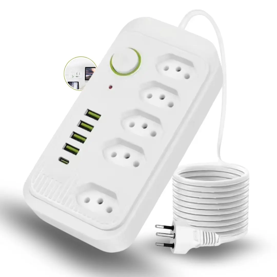Extensão Filtro de Linha Régua Tomada - Régua de Energia Com 5 Tomadas, 4 Entradas USB, 1 Porta USB Tipo-C, Cabo de Alimentação de 2 metros,Bivolt 110-220V, 2500W Proteção Contra Sobrecarga