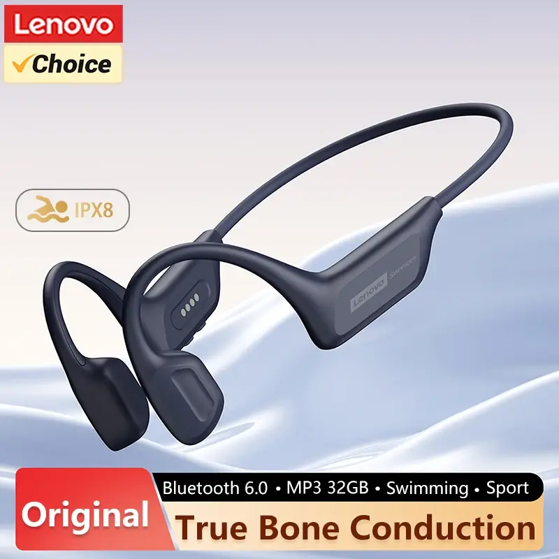Fone de Ouvido por Condução Óssea Lenovo S106 IPX8 à Prova d'Água Bluetooth 6.0 com MP3 e Memória Interna de 32GB, Headset Esportivo Sem Fio com Microfone