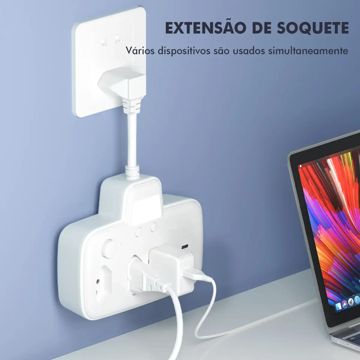 Filtro de Linha, Extensão Elétrica, Régua de Tomada Para Mesa, Luz LED ajustável, 3 tomadas, 2 USB, 1 Type-C, 2200W