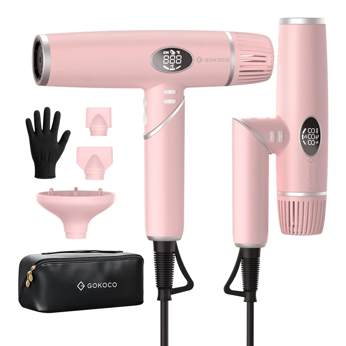 GOKOCO Secador de Cabelo Dobrável de Alta Velocidade,Bivolt,GD045 Motor Brushless 110.000 RPM,Íons Negativos,4 Temperaturas,3 Velocidades,com Difusor e Bicos Modeladores para Viagem,Rosa